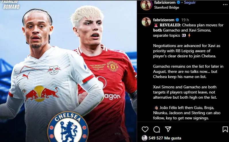 Garnacho le dio ‘Like’ a la publicación de Fabrizio Romano sobre su cercanía con Chelsea.