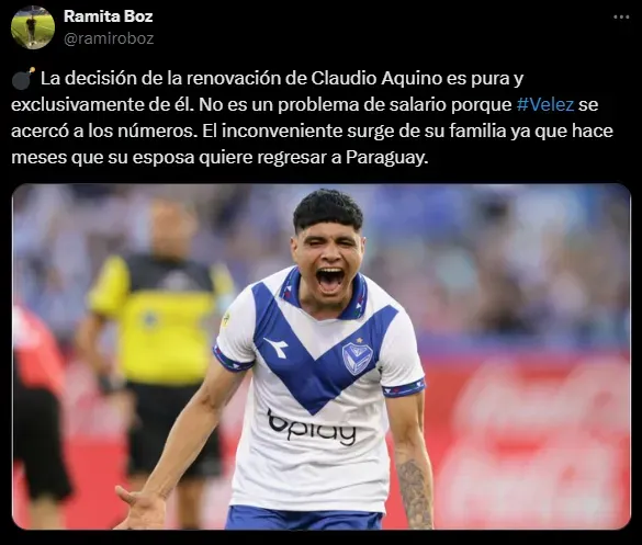 Aquino no renovó con Vélez. (Captura)