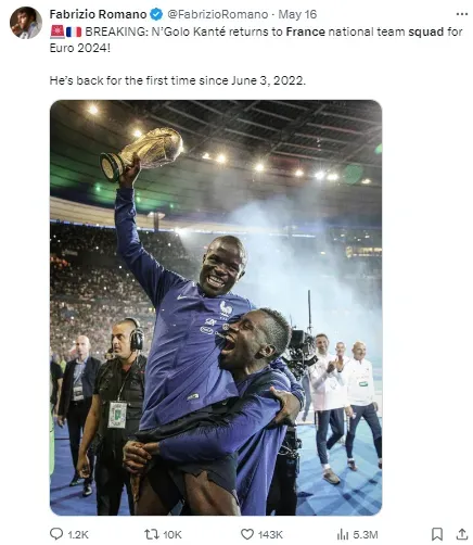 N’Golo Kante has returned to the France squad for Euro 2024