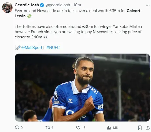 Calvert-Lewin is rumored to be a target of Newcastle