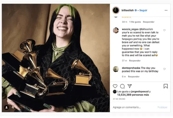 Billie Eilish juega con los Grammys (Fuente: @billieeilish)
