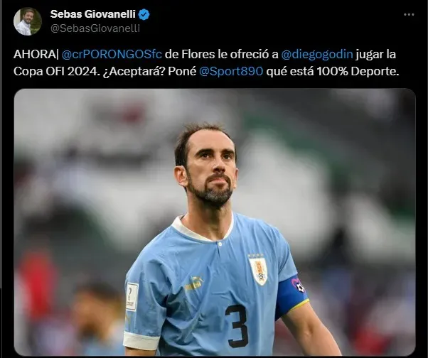 Diego Godín podría volver al fútbol para jugar la Copa OFI 2024.