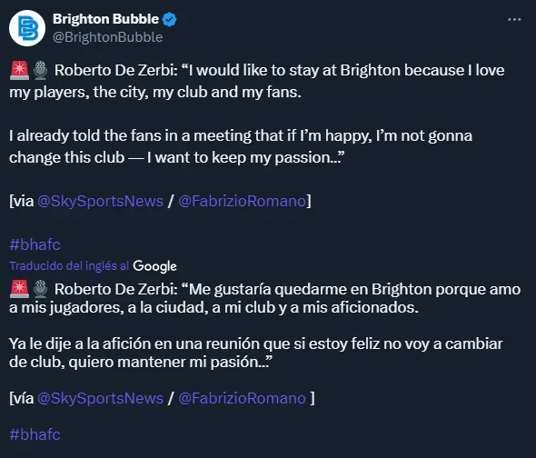 La declaración de Roberto de Zerbi sobre su futuro (Twitter @BrightonBubble).