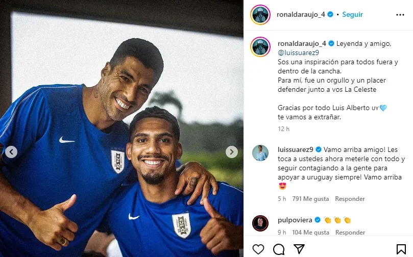 La dedicatoria de Ronald Araújo a Luis Suárez por su retiro de Uruguay (Instagram @ronaldaraujo_4).