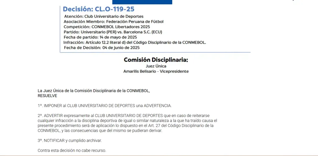 CONMEBOL castigó a Universitario.