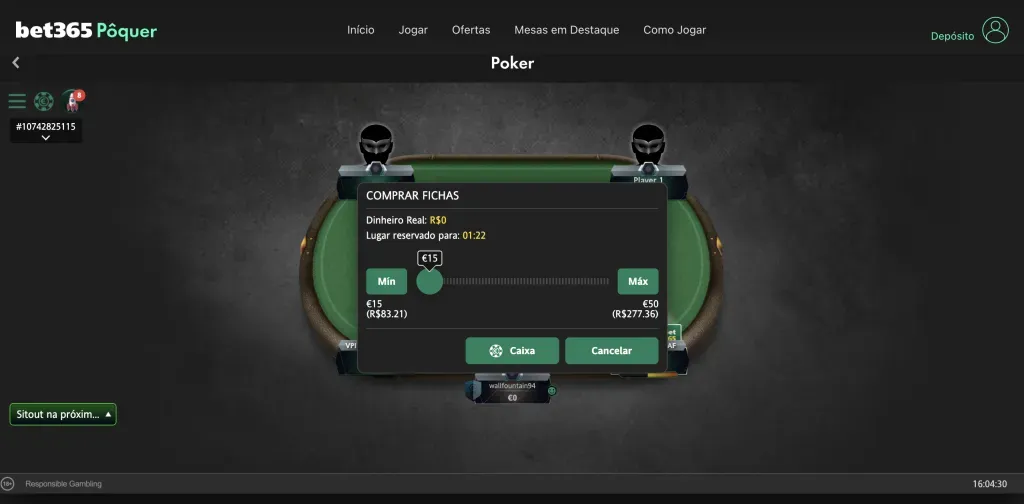 Dinheiro real pode ser usado no poker da bet365. Captura de tela feita em 21/5/2024