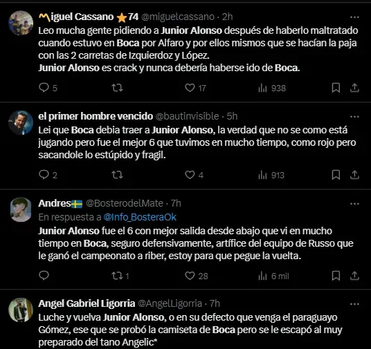 Los mensajes de los hinchas de Boca pidiendo por Junior Alonso (Twitter).