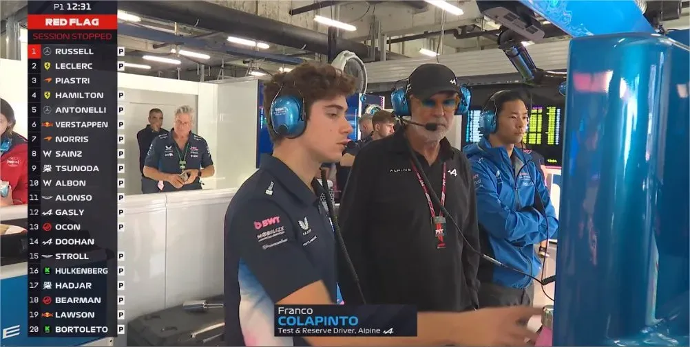 Franco Colapinto junto a Flavio Briatore en la FP1 del GP de China (FOTO: Captura de la transmisión)