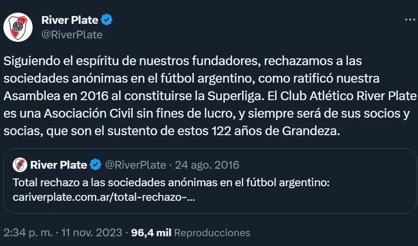 El comunicado de River contra las Sociedades Anónimas Deportivas.