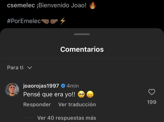 Este fue el comentario de Joao Rojas en la publicación de Emelec. (Captura de pantalla: @RonaldPin_)