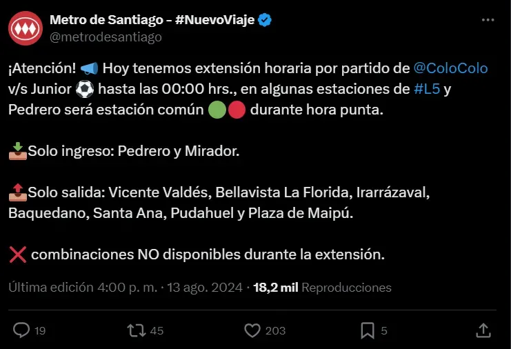 El Metro de Santiago anunció un horario extendido. (Captura Twitter).