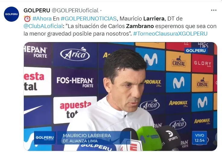 Mauricio Larriera habló sobre la lesión de Carlos Zambrano. | Créditos: Twitter GOLPERU.