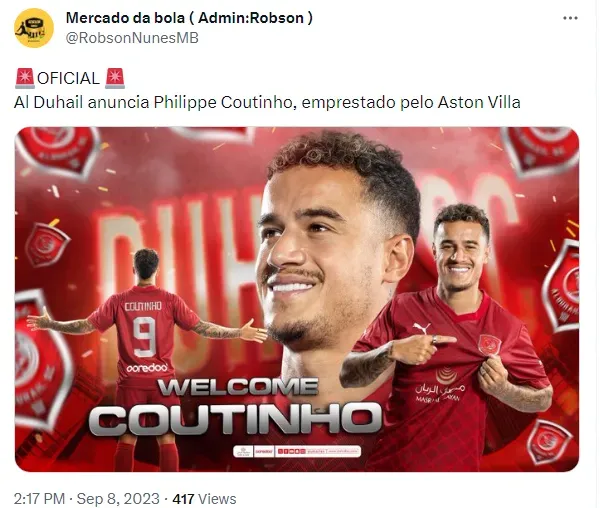 Philippe Coutinho é anunciado por clube do Qatar