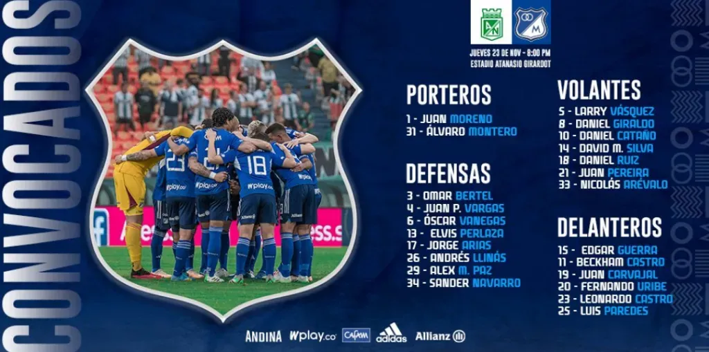 Convocados Millonarios para enfrentar a Nacional