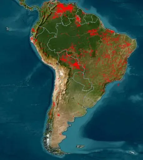 Mapa de incendios activos en Sudamérica | Foto: NASA