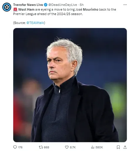 Jose Mourinho is being linked with West Ham United