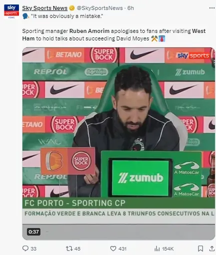 Amorim was criticised for meeting West Ham