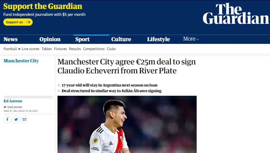 Echeverri jugará en Manchester City, aunque se queda un año en River (The Guardian).
