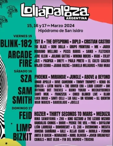 Lollapalooza Argentina 2024  15, 16 y 17 de marzo en el Hipódromo de San  Isidro