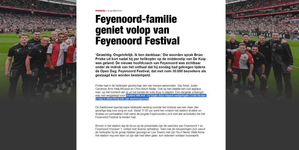 El comunicado de Feyenoord que explica la ausencia de Jeyland Mitchell. (Feyenoord)