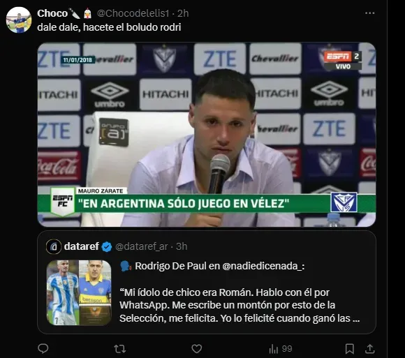 Los hinchas de Boca se acordaron de Mauro Zárate por Rodrigo De Paul.