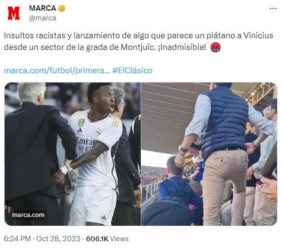 Carlo Ancelotti leading Vinicius off the pitch and Barcelona fans reacting