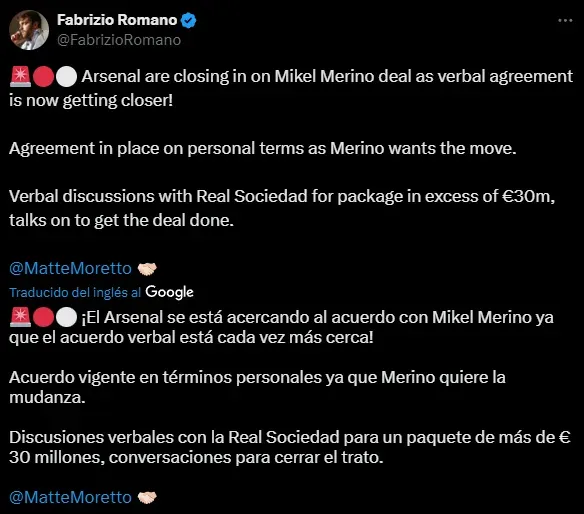 Arsenal, cerca de acordar la llegada de Merino (X @FabrizioRomano).