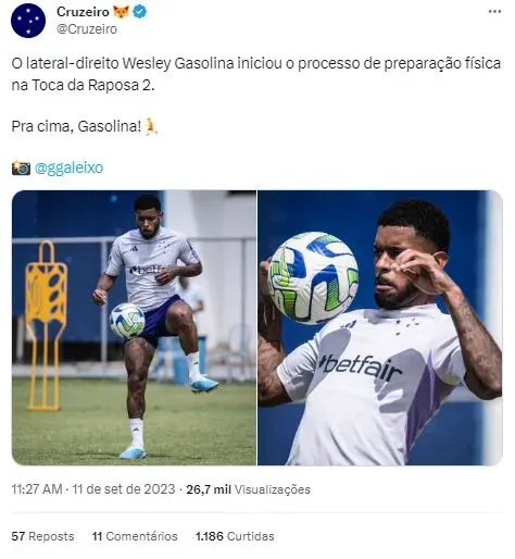 Cruzeiro: Wesley Gasolina passa por cirurgia no joelho direito
