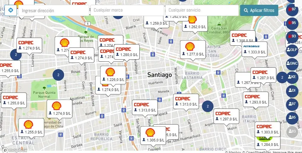 Mapa de bencinaenlinea.cl / Foto: Bencina en Línea.