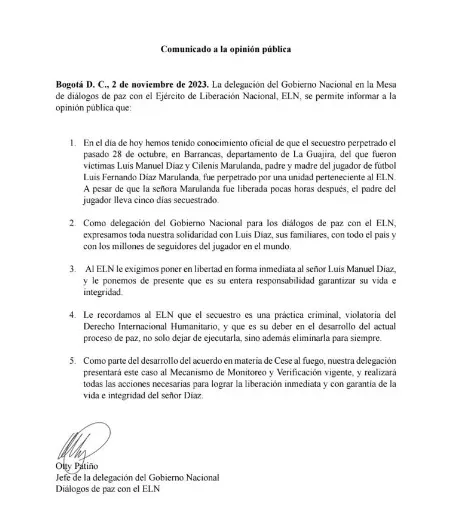 Comunicado publicado por el Gobierno Nacional