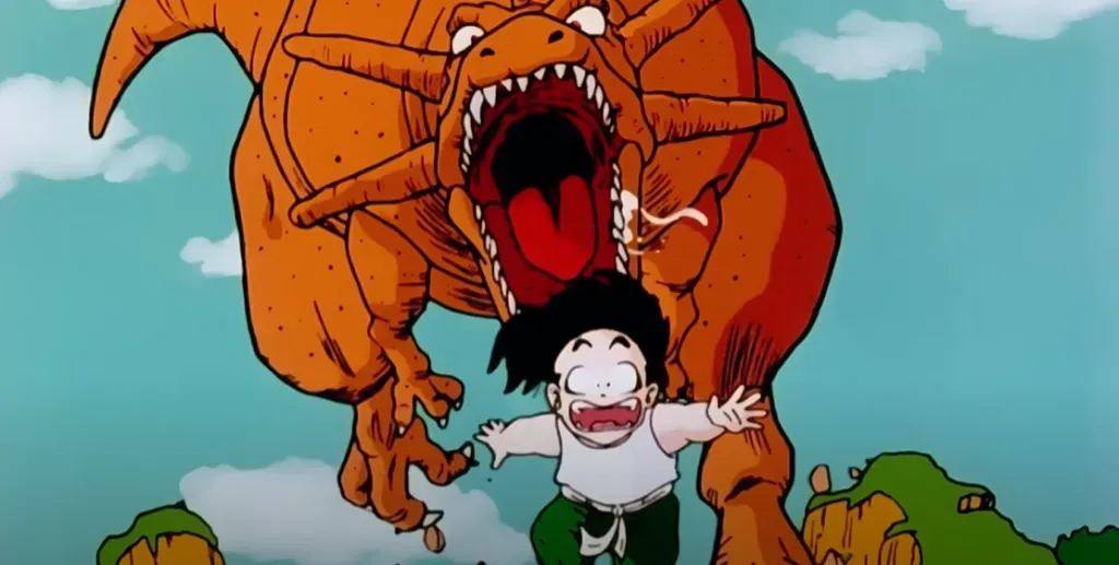 Gohan huyendo de un dinosaurio, en el épico intro de Dragon Ball Z. Imagen: