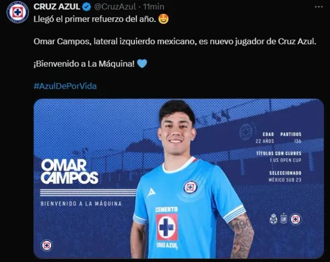 Así presentó Cruz Azul a Omar Campos. (@CruzAzul)