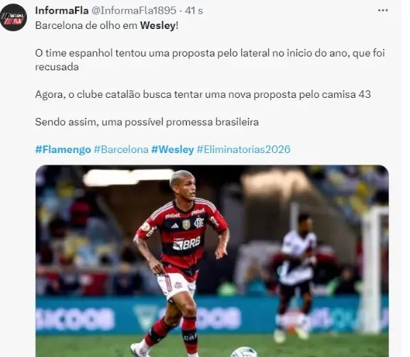 Foi CONFIRMADO isso agora, pegou todo mundo de surpresa: Wesley pode ir  embora do Flamengo de forma imediata e motivo vaza para a torcida - Bolavip  Brasil