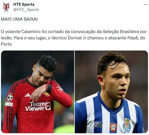Pepê foi convocado no lugar de Casemiro.