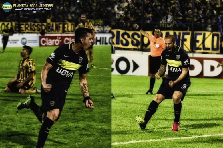 Pavón y Benedetto celebran sus goles. Foto: Prensa C.A.B.J.