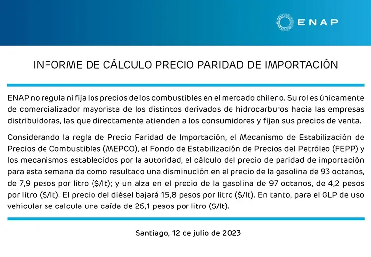 Informe semanal de precios de los combustibles de ENAP