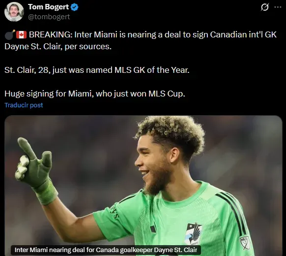 St. Clair será el nuevo arquero de Inter Miami (X @tombogert).