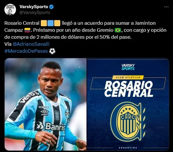 Campaz llegó a Central en enero, y el canalla tiene la posibilidad de comprar el 50% de su pase.