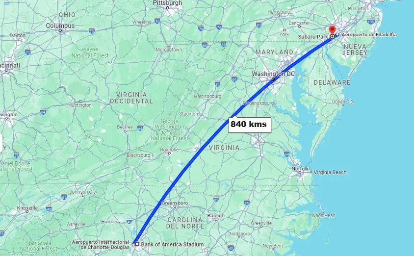La distancia que recorrerá Cruz Azul para los dos primeros partidos de Leagues Cup 2024. (Captura Google Maps)
