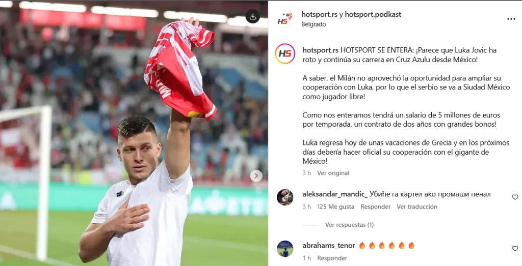 Desde Serbia dan por hecho lo de Jovic con Cruz Azul. (@hotsport.rs)