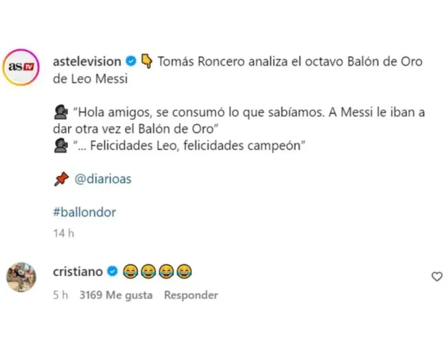 El comentario de CR7 (Captura de Instagram)