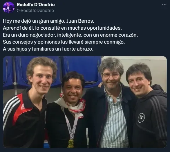 Rodolfo D’Onofrio, ex presidente de River, envió sus condolencias a través de redes sociales.