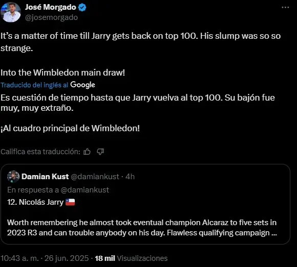 La predicción de José Morgado sobre Nicolás Jarry.