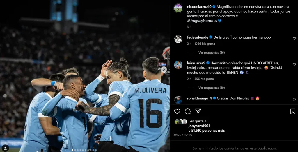 El posteo de De La Cruz y la respuesta de Suárez. (Foto: Instagram)