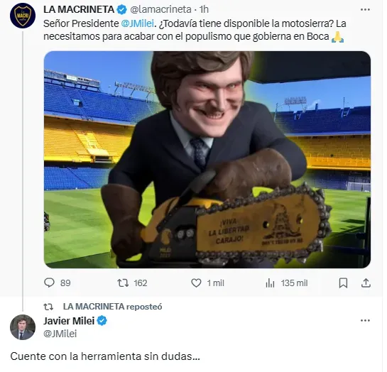 Javier Milei participará indirectamente en la política de Boca en caso de que gane la oposición.