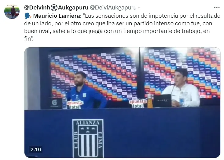 Mauricio Larriera hablando tras el empate de Alianza Lima. | Créditos: Twitter @DeiviAukgapuru.