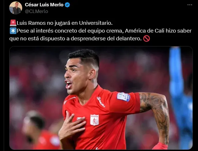 Tweet de César Merlo sobre Luis Ramos (Captura).