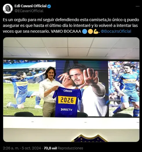 El mensaje de Cavani a los hinchas.