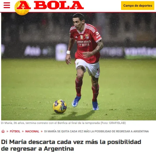 Portada del portal A Bola con la información sobre el futuro de Di María