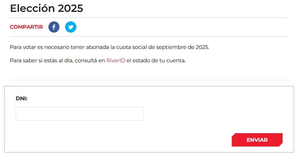 El sitio web de River para poder consultar si pueden votar.
